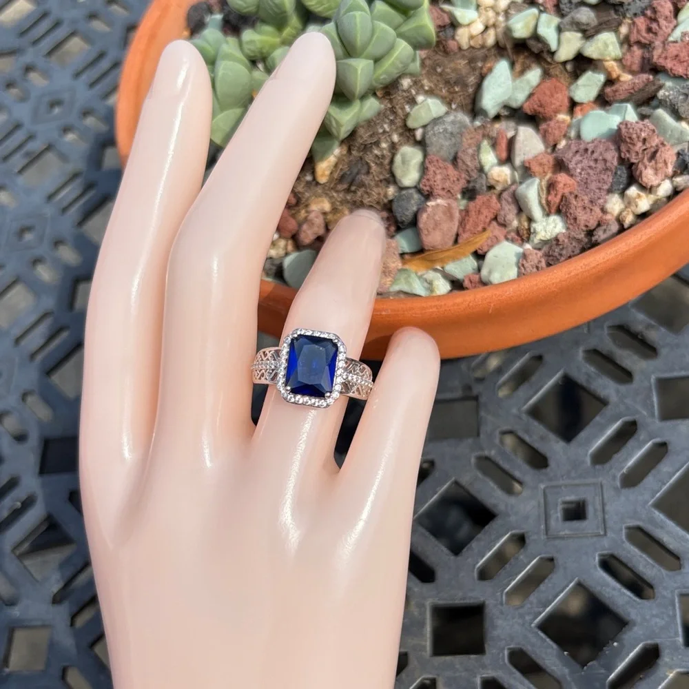 Radiant Cut 3.10 ct Lab Created Sapphire Ring Blue & White Sterling Size 7